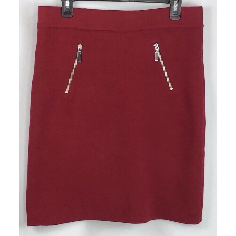 Alfani Sweater Knit Straight Skirt M Red Zippers 32"W Knee Length Office Punk